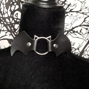 Gothic Cat Bat Black Vegan Leather Adjustable Choker Necklace